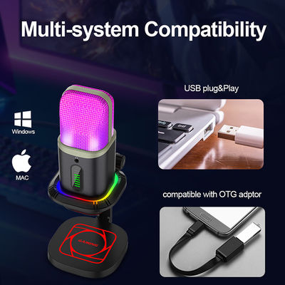 Microfone cardioide Omnidirectional do microfone de condensador do RGB USB com luzes do diodo emissor de luz